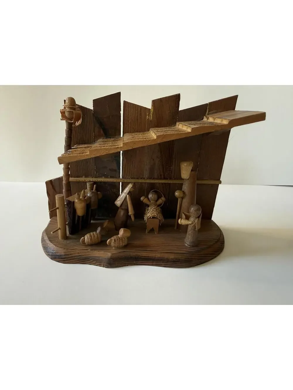 Vintage 1978 Handmade Folk Art Wooden Nativity Scene Christmas Creche Manger